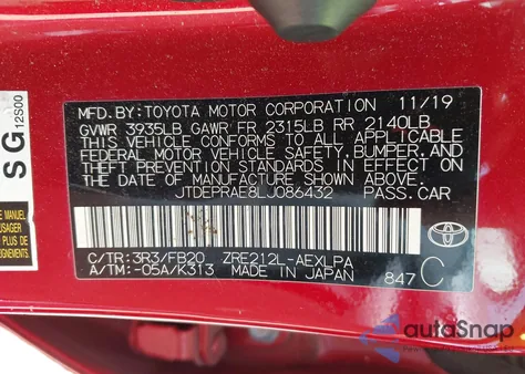 2020 Toyota Corolla Le from USA, damaged, VIN JTDEPRAE8LJ086432